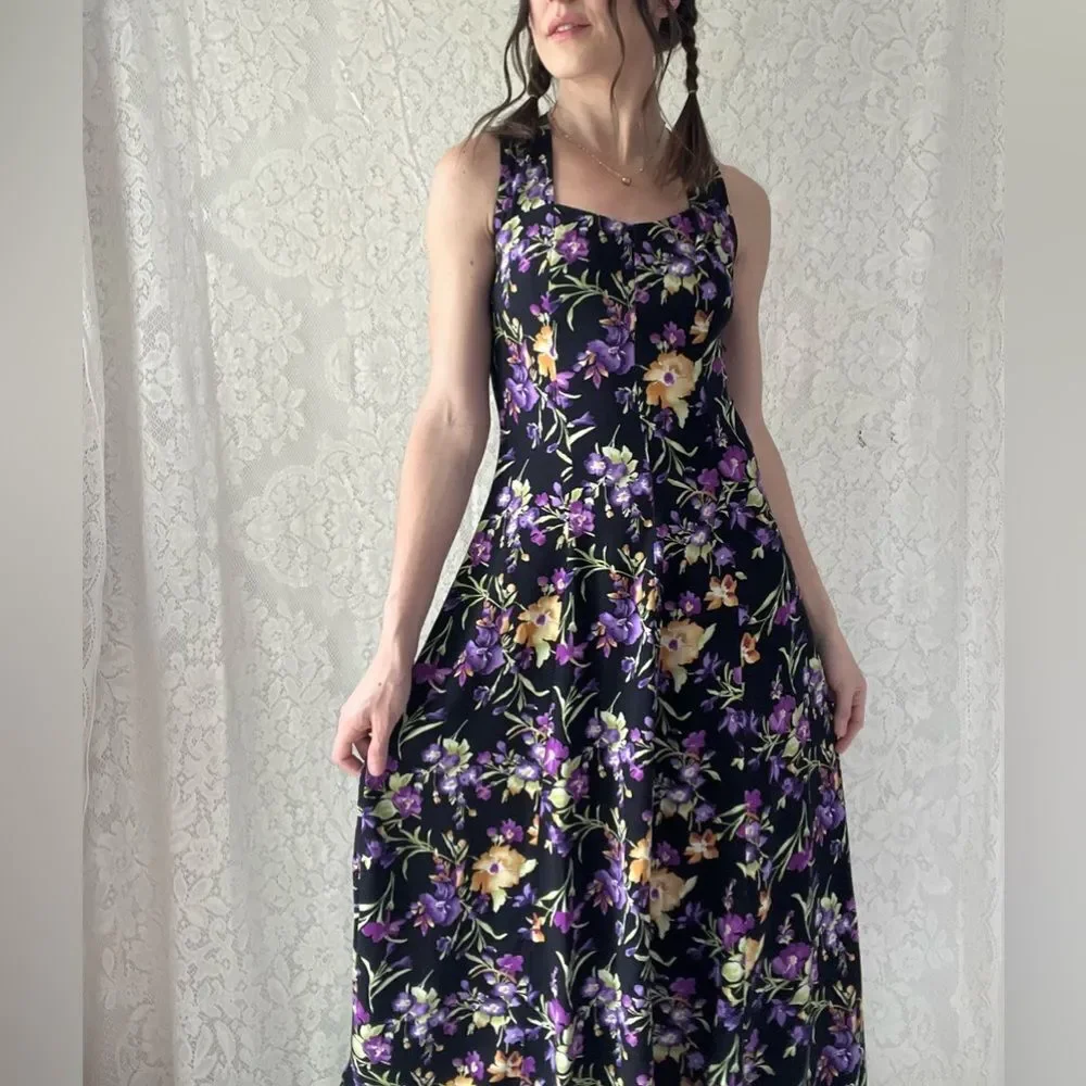 Vintage 80s All That Jazz Black Floral Midi Dress Crisscross Back Size 7/8 - Picture 12 of 16